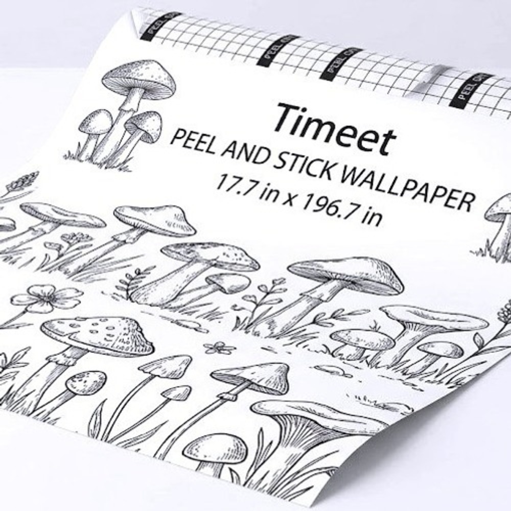 Timeet Peel and Stick Wallpaper 17" x 196" Botanical Mushroom Floral Black White